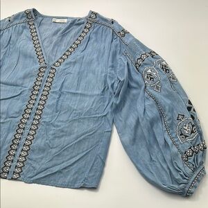 Zara TRF Collection Boho Blouse Xsmall Blue Embroidered Puffy Sleeves V-Neck
